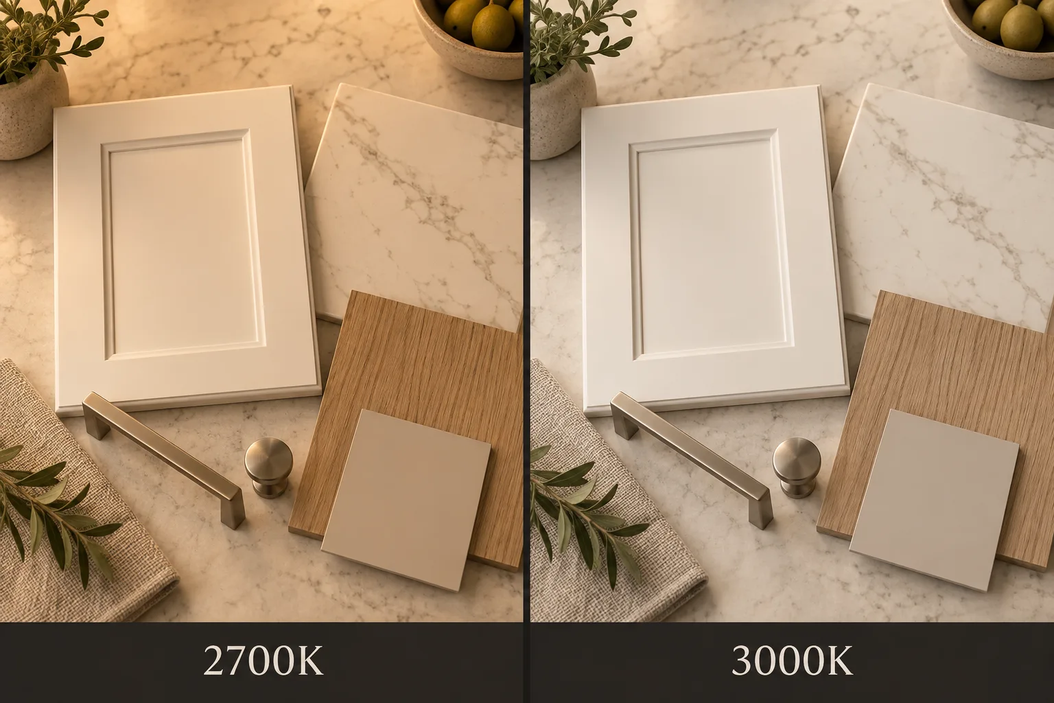 Illustrated side-by-side finish samples under 2700K and 3000K light, including cabinet, stone, wood, paint and hardware