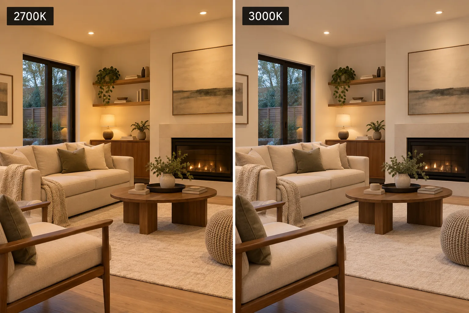 Illustrated side-by-side living room comparison showing 2700K on the left and 3000K on the right