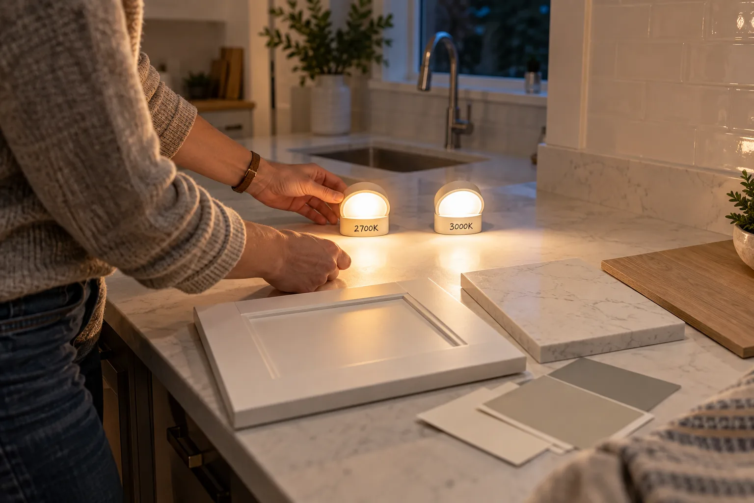Homeowner comparing 2700K and 3000K test lights against actual kitchen cabinet, countertop and flooring samples after dark