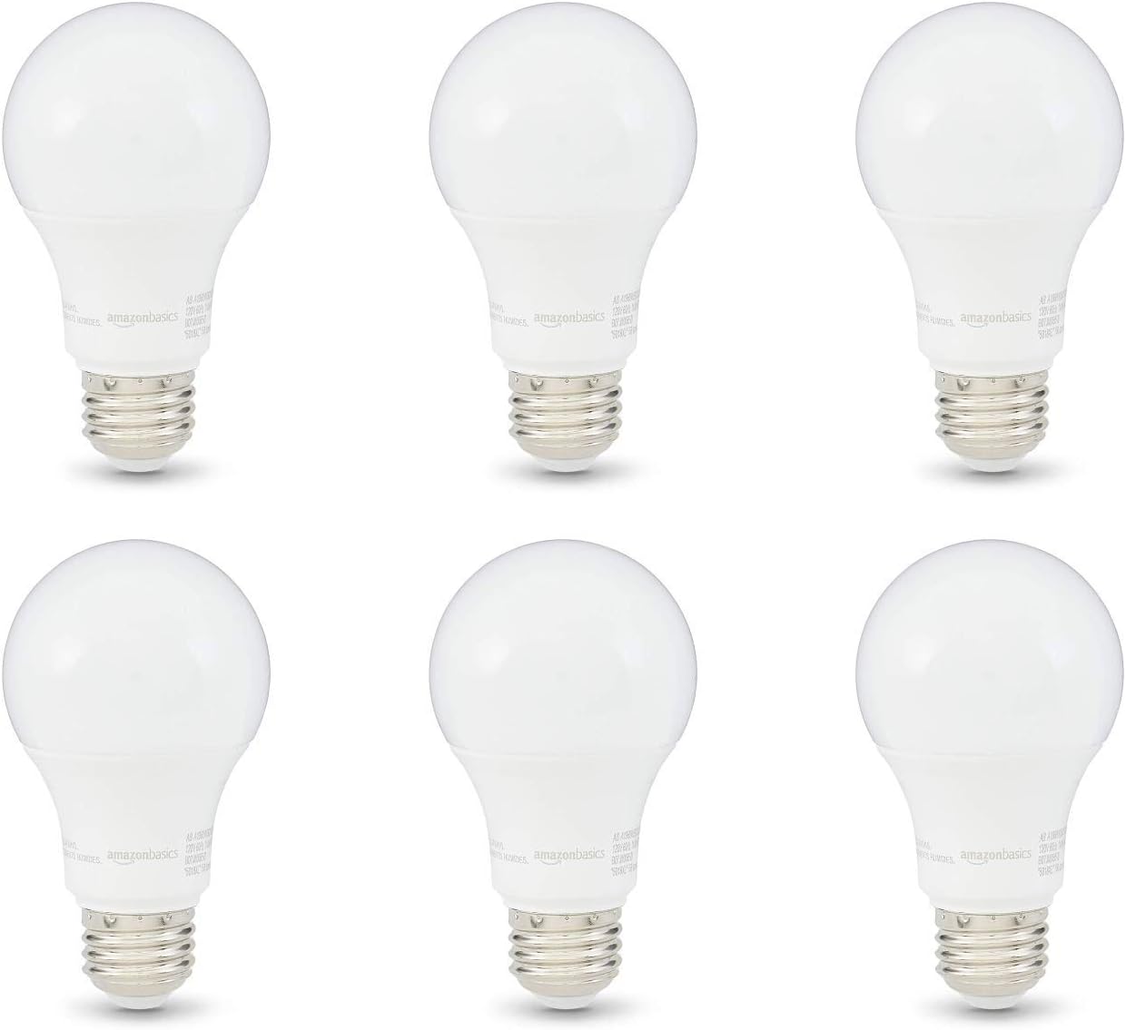 Amazon Basics A19 LED, 60W Equivalent, Soft White 2700K, Dimmable, 6-Pack