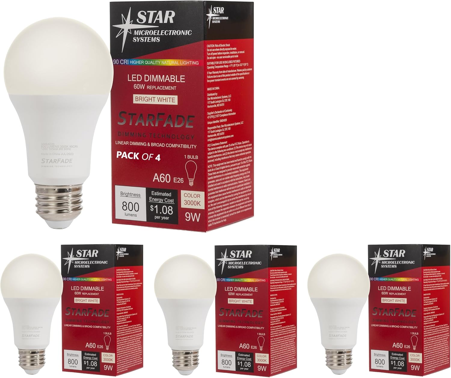 Star Microelectronic Systems A19, 3000K, 90 CRI, Dimmable, 4-Pack