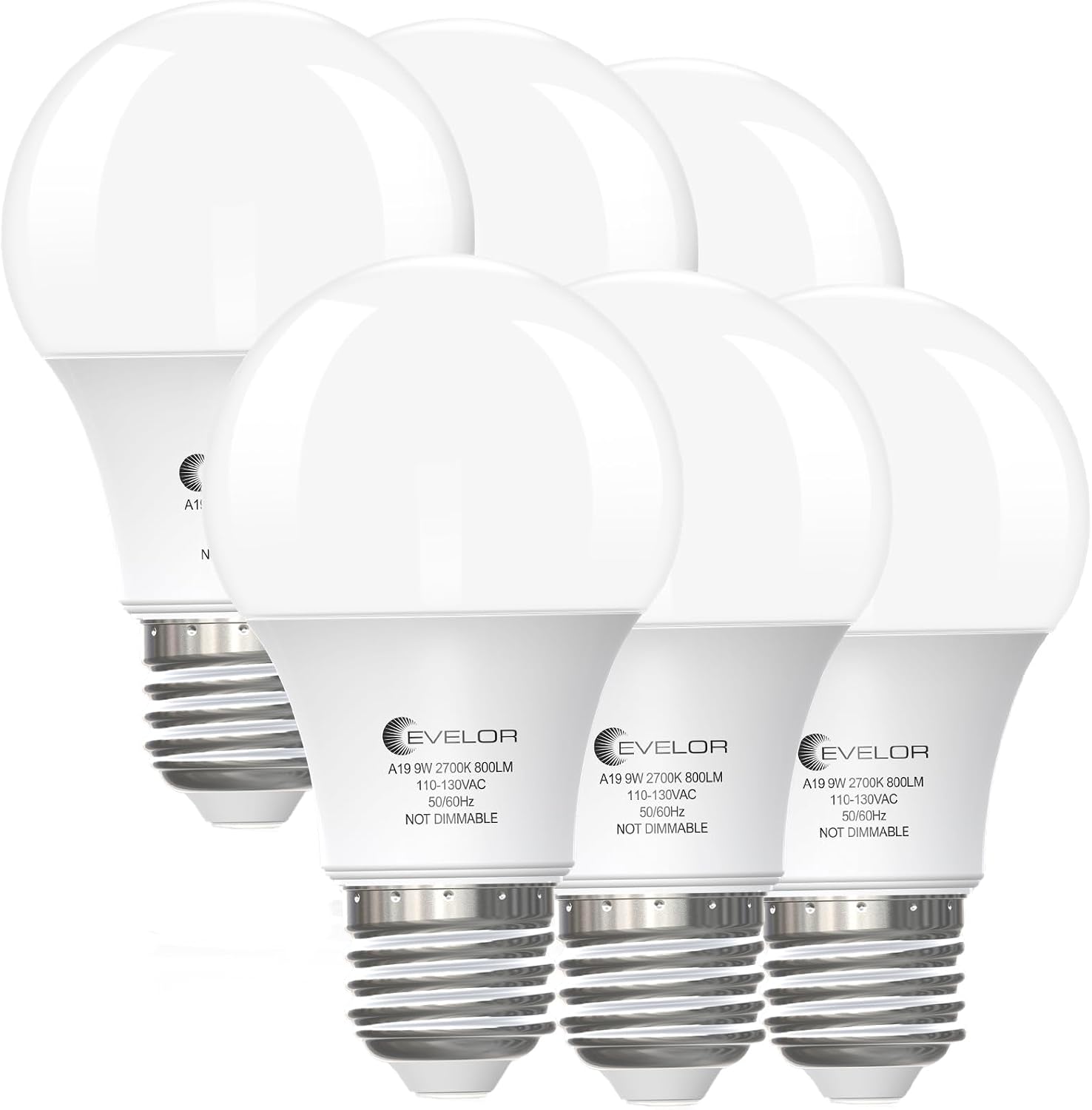 evelor A19 LED, Soft Warm White 2700K, 6-Pack