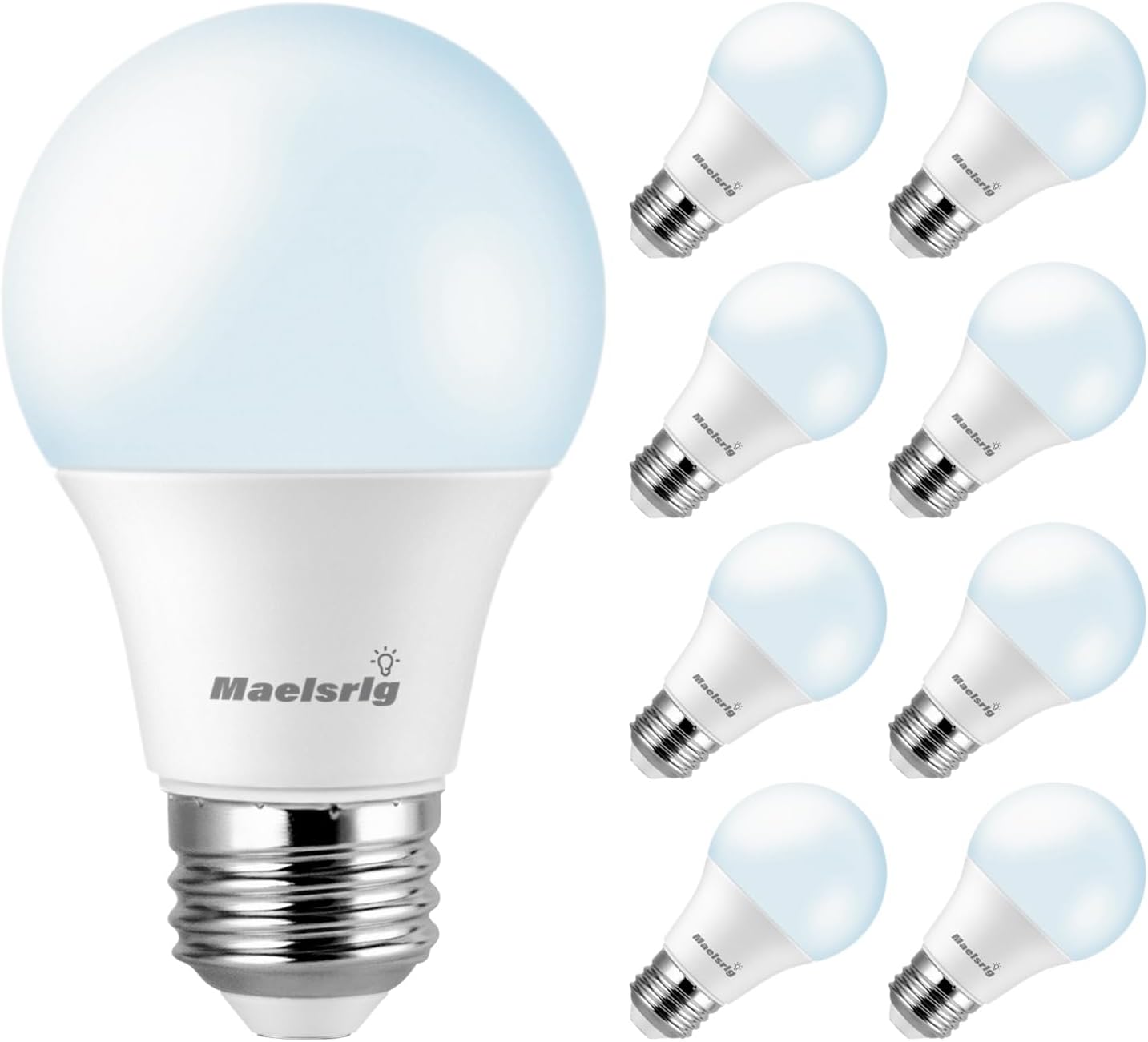 Maelsrlg A19 LED 60W Equivalent, 5000K, 90 CRI, Dimmable, 8-Pack