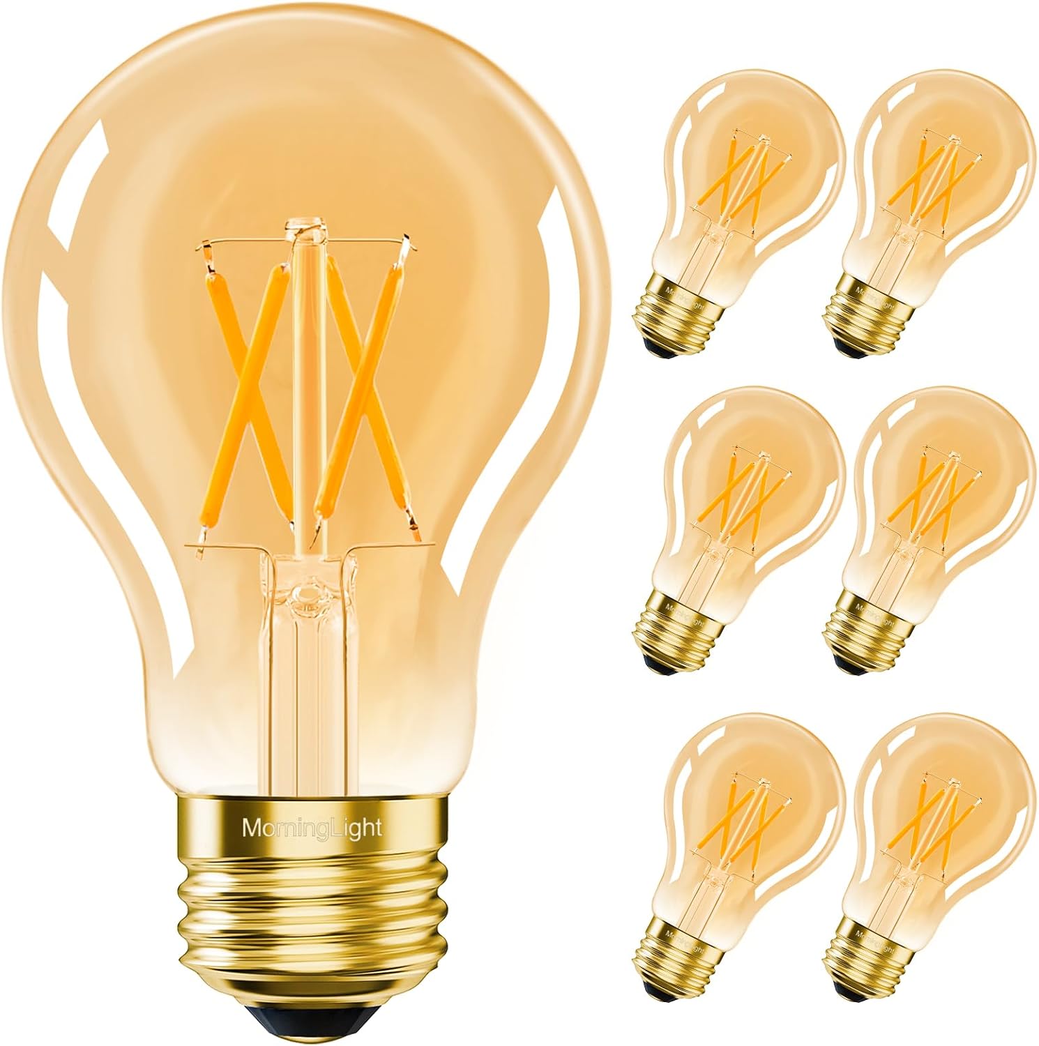 MorningLight A19 Vintage Edison LED, Amber Warm 2200K, 6-Pack