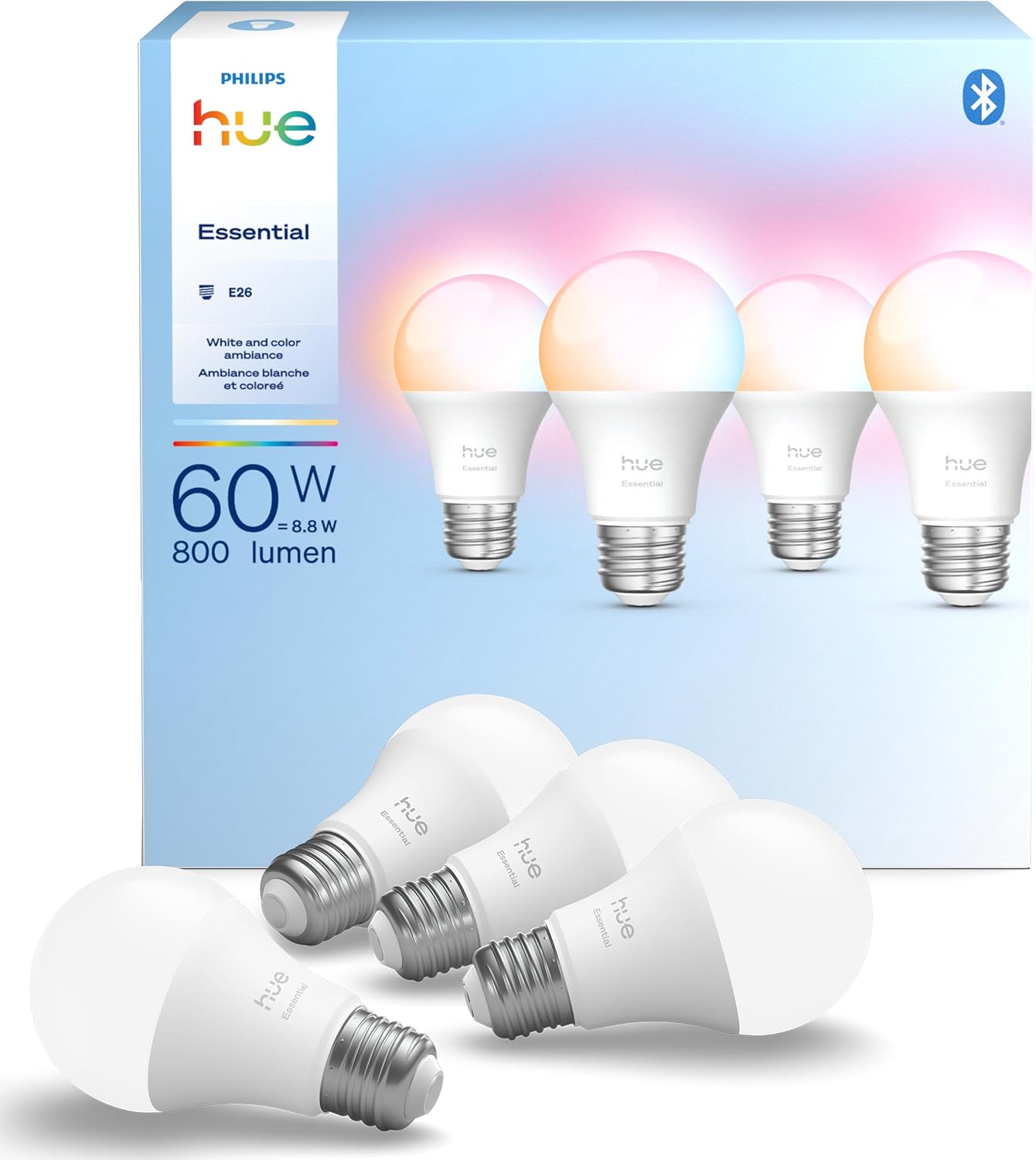 Philips Hue Essential Smart LED A19, White & Color Ambiance, 4-Pack