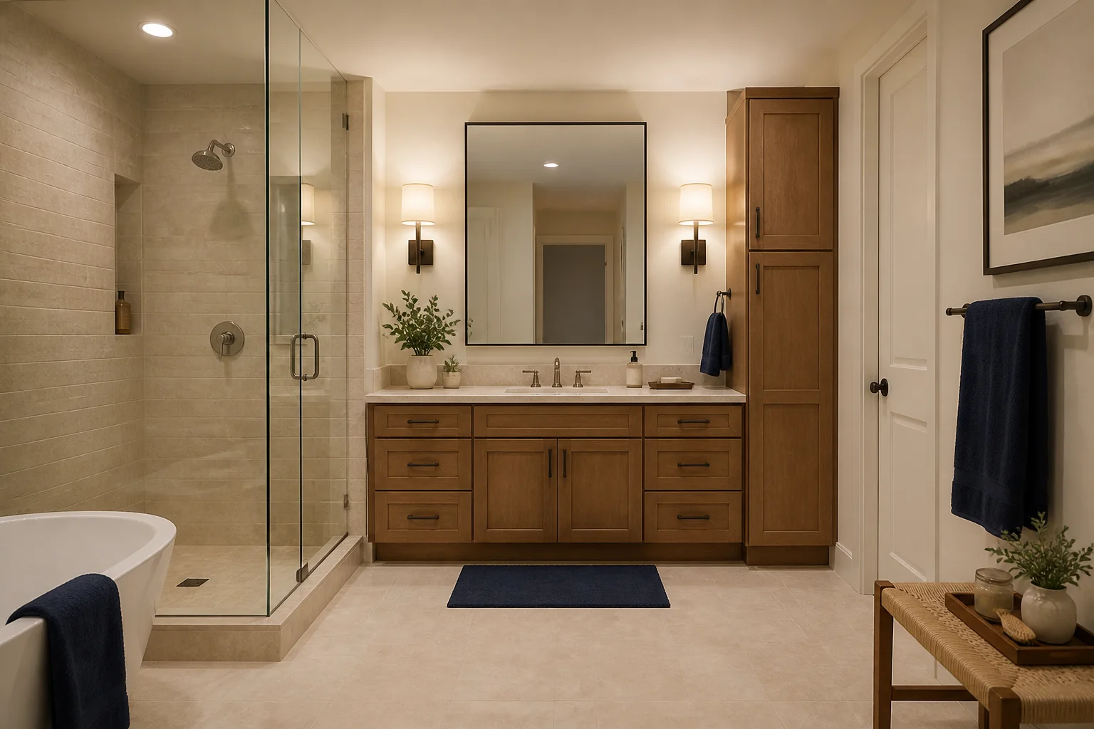 A residential bathroom with a vanity, balanced sconces, shower and tub