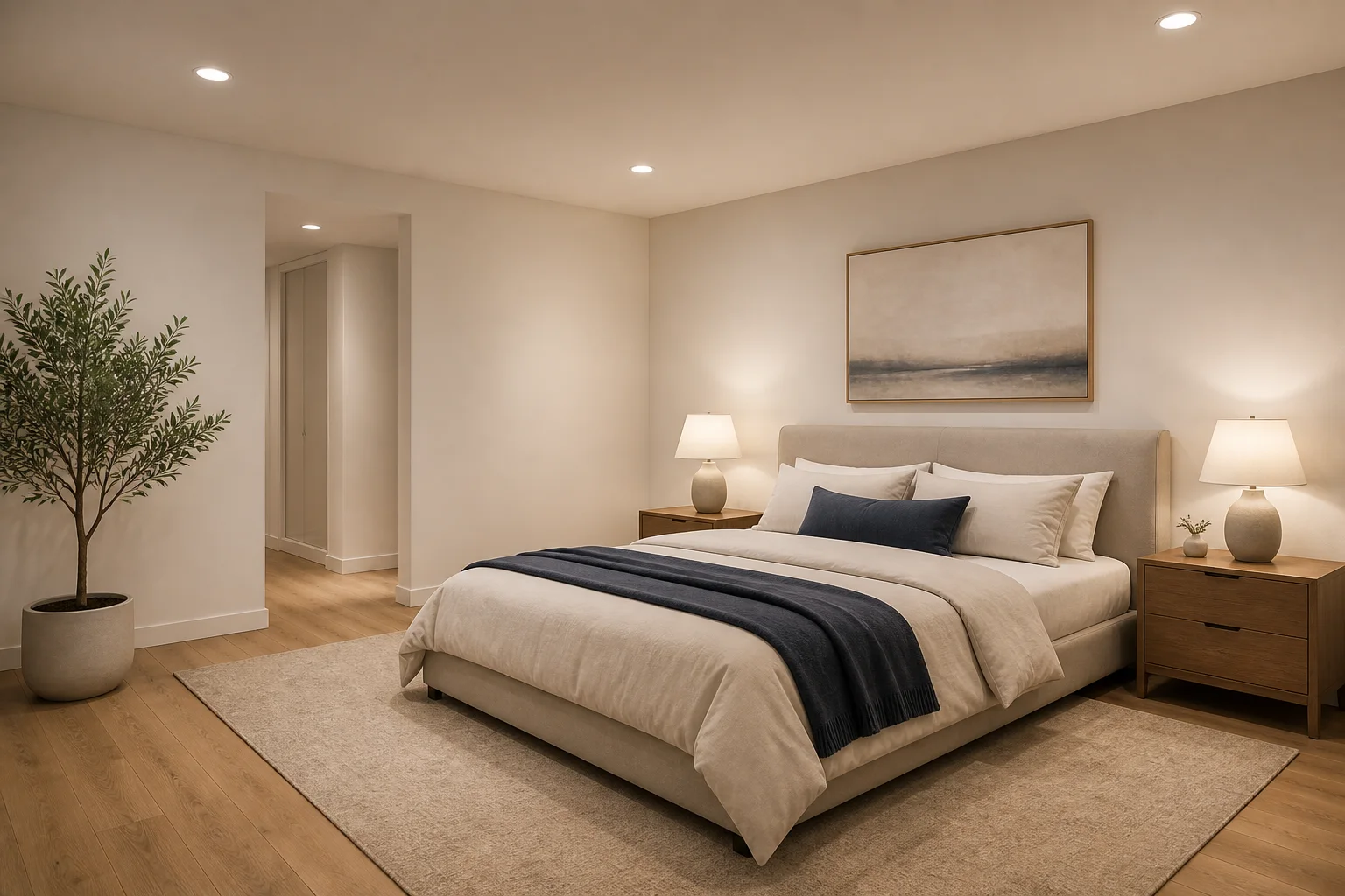 A calm bedroom with a neatly made bed and two bedside lamps