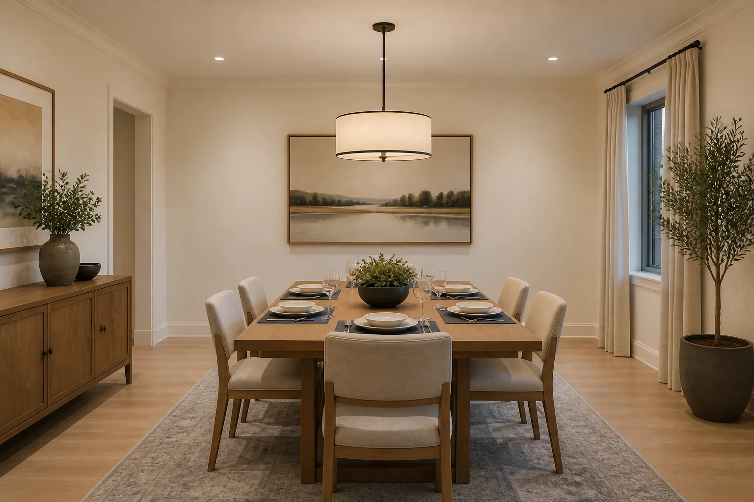 A residential dining room with a table for six and centered pendant light