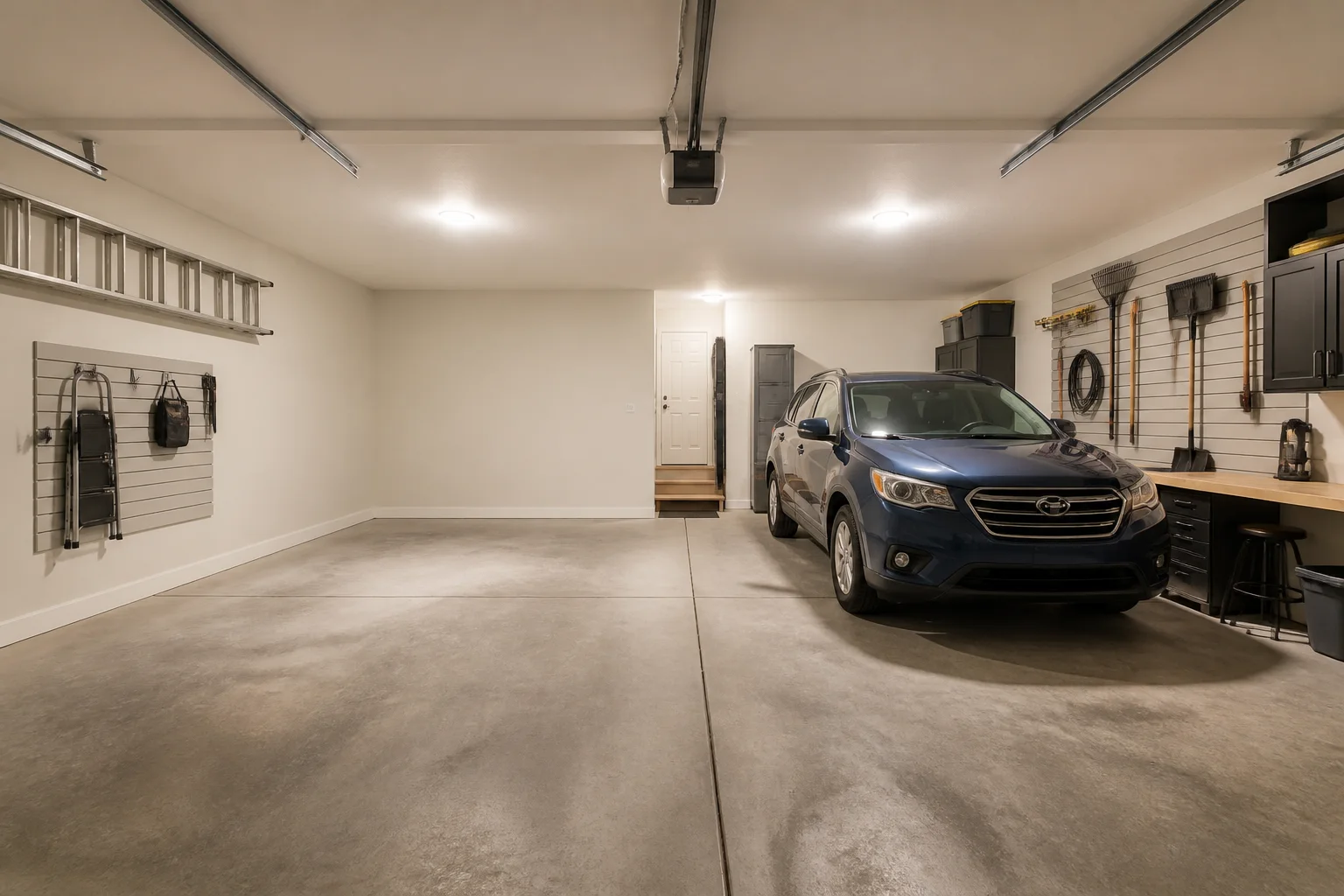 A clean residential garage with wall storage, workbench and overhead lights