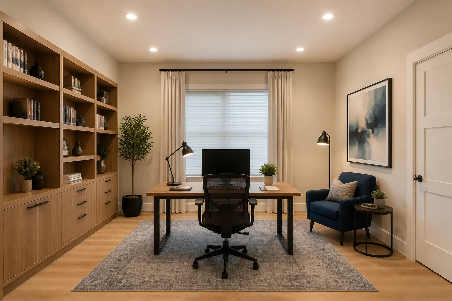 A residential home office with a desk, shelving and task lamps