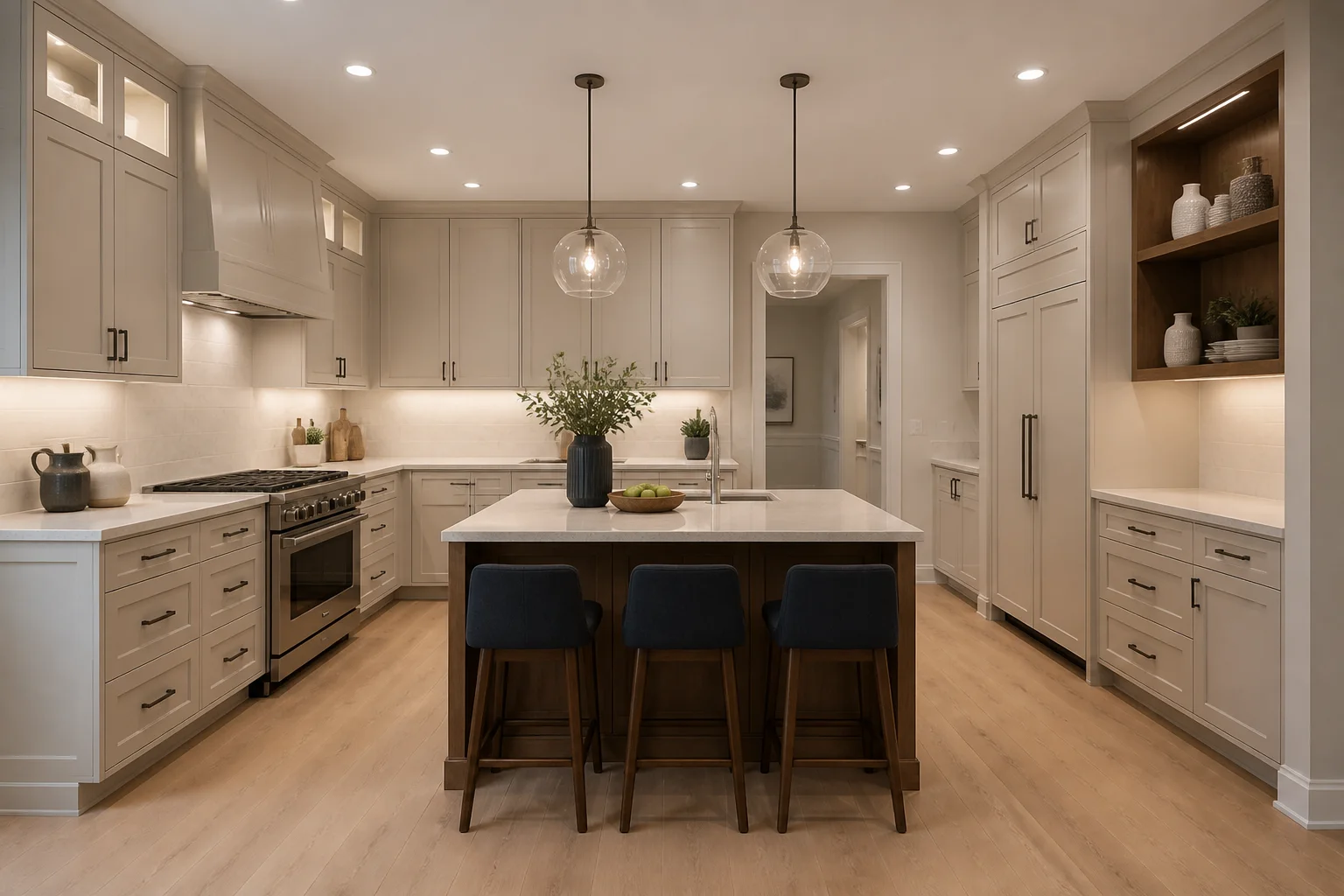 A residential kitchen with an island, cabinets and task lighting