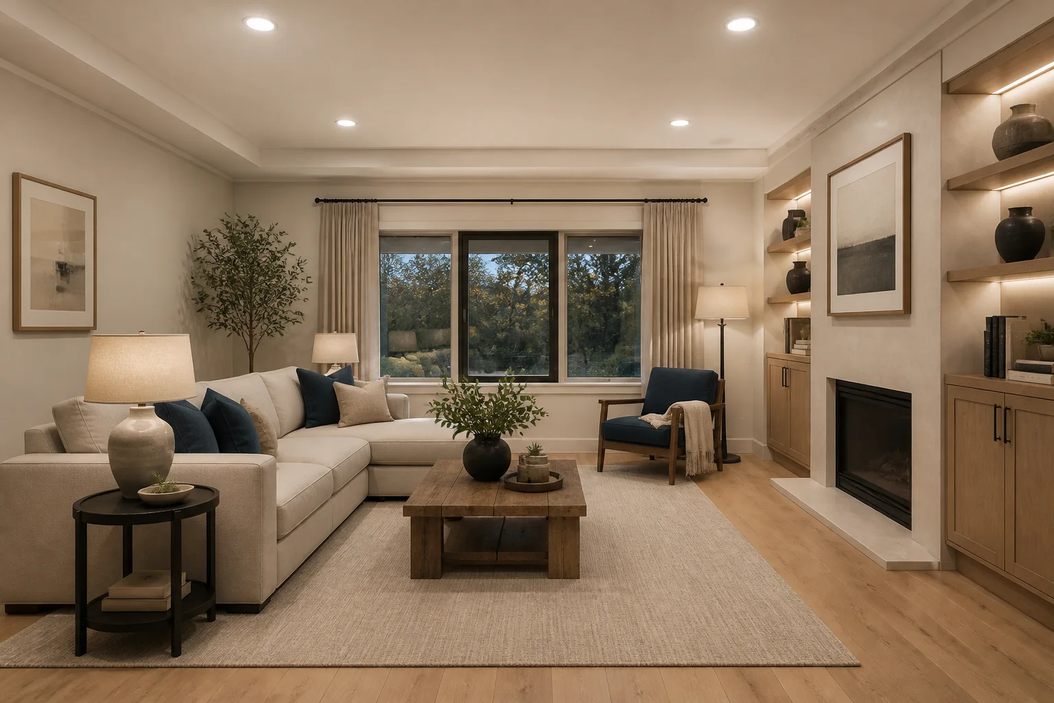 A comfortable living room with a sofa, lamps and natural wood details